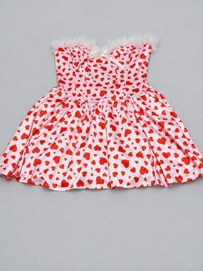 Dolls Kill Sugar Thrillz Pink Heart Strapless Corset Mini Dress w/ Ruffle Trim M